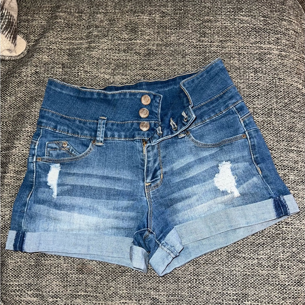 Mid rise distressed curvy jean shorts